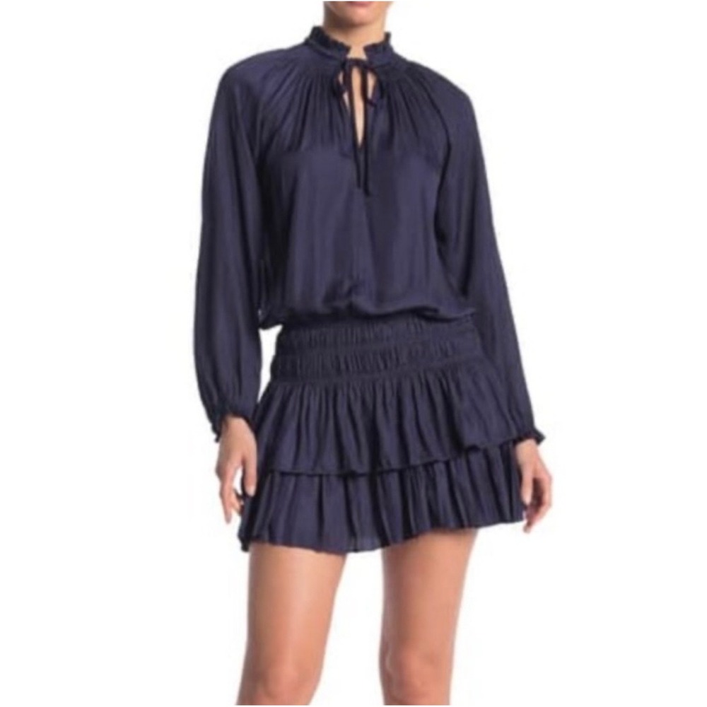 Mustard Seed Mini Dress Women Small Navy Blue Tiered Ruffle Smocked Long Sleeve